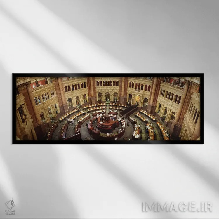 تابلو Washington DC, USA,نمای بالا از سالن مطالعه کتابخانه کنگره، واشنگتن دیسی، آمریکا اثر پانورامیک ایمجز (استودیو عکاسی عریض) - نمای قابدار مشکی