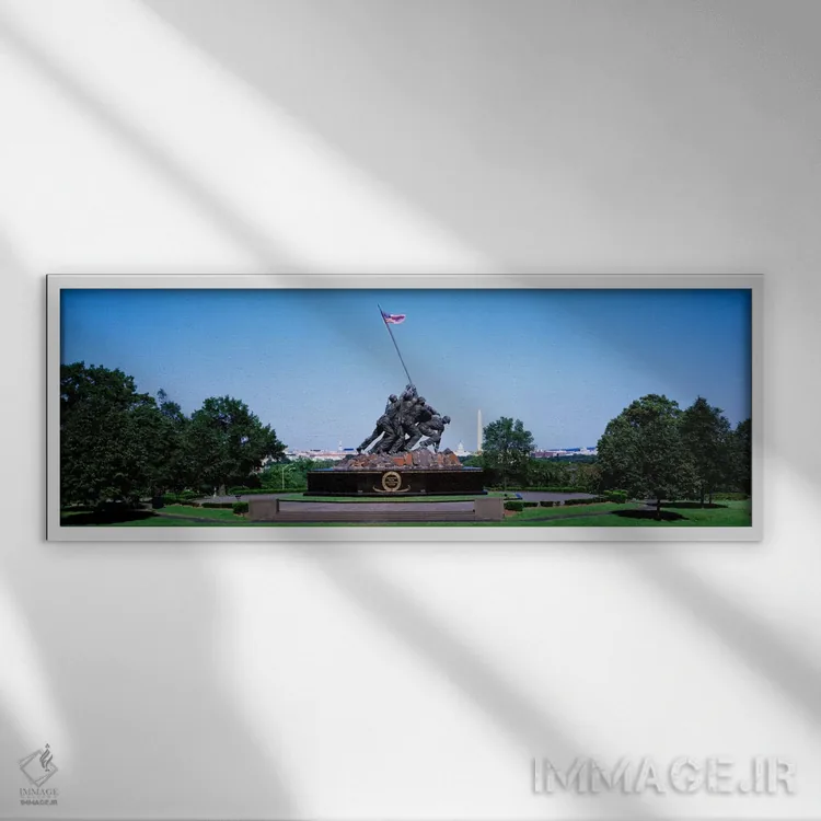 تابلو Arlington, Virginia, USA,یادبود جنگ با بنای واشنگتن در پسزمینه، یادبود ایوو جیما، آرلینگتون، ویرجینیا، ایالات متحده اثر پانورامیک ایمجز (استودیو عکاسی عریض) - نمای قابدار سفید