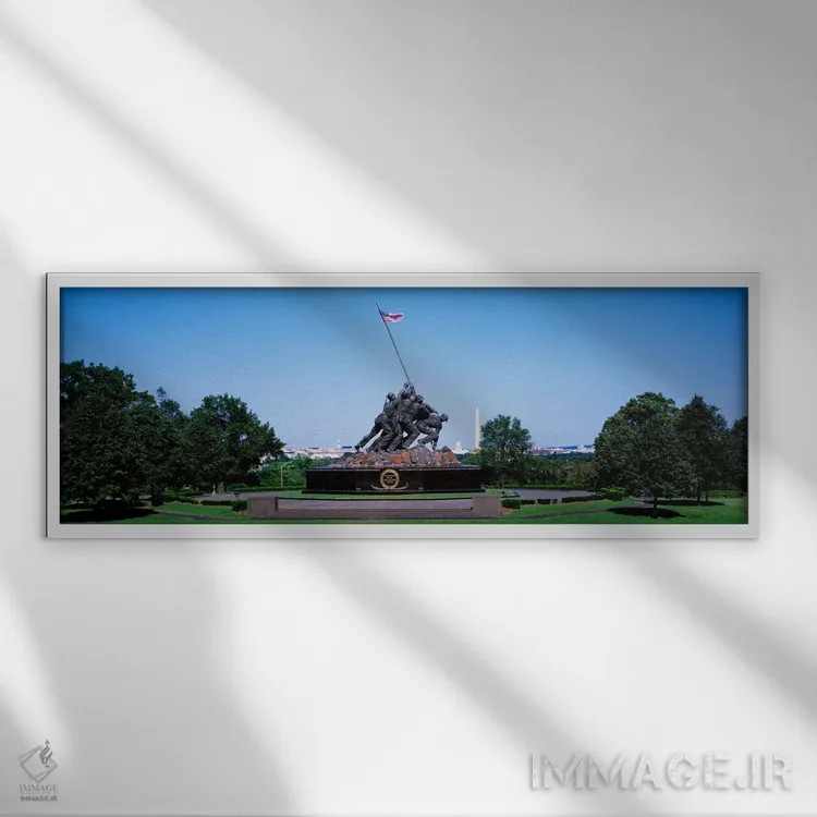 تابلو Arlington, Virginia, USA,یادبود جنگ با بنای واشنگتن در پسزمینه، یادبود ایوو جیما، آرلینگتون، ویرجینیا، ایالات متحده اثر پانورامیک ایمجز (استودیو عکاسی عریض) - نمای قابدار سفید