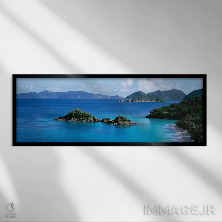 تابلو St. John, Trunk Bay, Rock formation in the sea,جزایر ویرجین ایالات متحده، سنت جان، خلیج ترانک، تشکیلات صخرهای در دریا اثر پانورامیک ایمجز (استودیو عکاسی عریض) - نمای قابدار مشکی