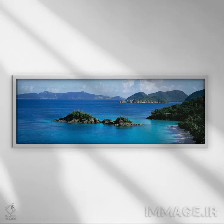 تابلو St. John, Trunk Bay, Rock formation in the sea,جزایر ویرجین ایالات متحده، سنت جان، خلیج ترانک، تشکیلات صخرهای در دریا اثر پانورامیک ایمجز (استودیو عکاسی عریض) - نمای قابدار سفید