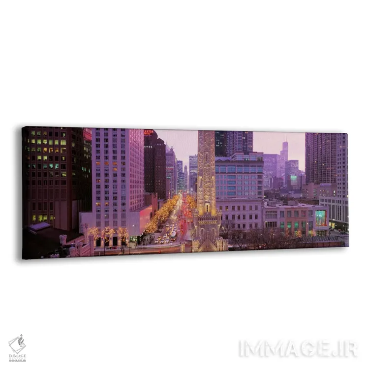 تابلو Downtown, City Scene, Loop, Chicago, Illinois, USA,گرگ‌ و میش در مرکز شهر، شیکاگو، ایلینوی، ایالات متحده آمریکا اثر پانورامیک ایمجز (استودیو عکاسی عریض) - نمای پرسپکتیو محصول