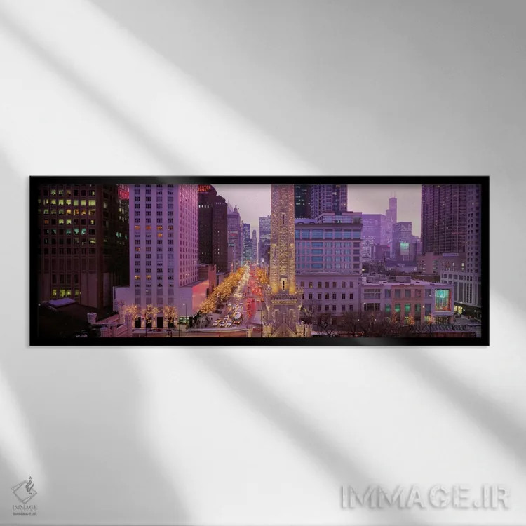 تابلو Downtown, City Scene, Loop, Chicago, Illinois, USA,گرگ و میش در مرکز شهر، شیکاگو، ایلینوی، ایالات متحده آمریکا اثر پانورامیک ایمجز (استودیو عکاسی عریض) - نمای قابدار مشکی