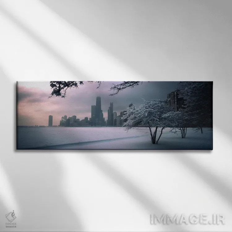 تابلو Chicago, Illinois, USA,درخت پوشیده از برف در ساحل با نمای شهر در پسزمینه، نورت اونیو بیچ، شیکاگو، ایلینوی، ایالات متحده آمریکا اثر پانورامیک ایمجز (استودیو عکاسی عریض) - نمای روبهرو روی دیوار
