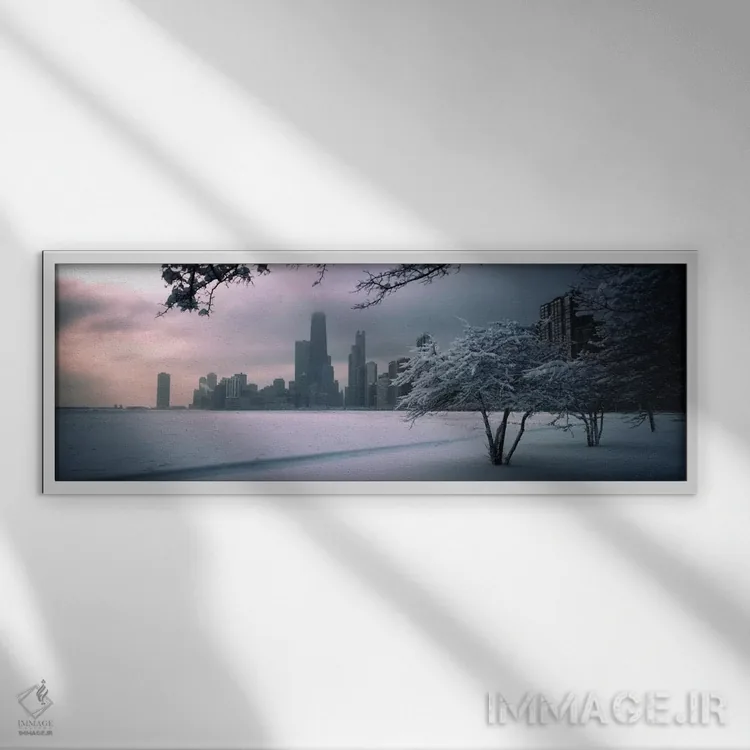 تابلو Chicago, Illinois, USA,درخت پوشیده از برف در ساحل با نمای شهر در پسزمینه، نورت اونیو بیچ، شیکاگو، ایلینوی، ایالات متحده آمریکا اثر پانورامیک ایمجز (استودیو عکاسی عریض) - نمای قابدار سفید