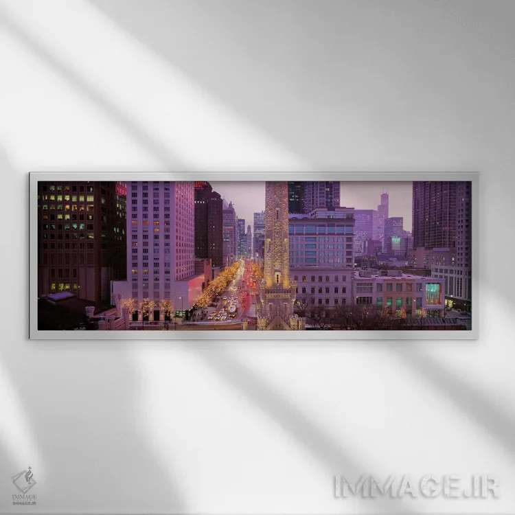 تابلو Downtown, City Scene, Loop, Chicago, Illinois, USA,گرگ و میش در مرکز شهر، شیکاگو، ایلینوی، ایالات متحده آمریکا اثر پانورامیک ایمجز (استودیو عکاسی عریض) - نمای قابدار سفید