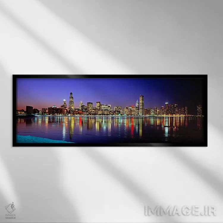 تابلو Chicago, Cook County, Illinois, USA,افق روشنشده و انعکاس آن در دریاچه میشیگان، شیکاگو، شهرستان کوک، ایلینوی، آمریکا اثر پانورامیک ایمجز (استودیو عکاسی عریض) - نمای قابدار مشکی