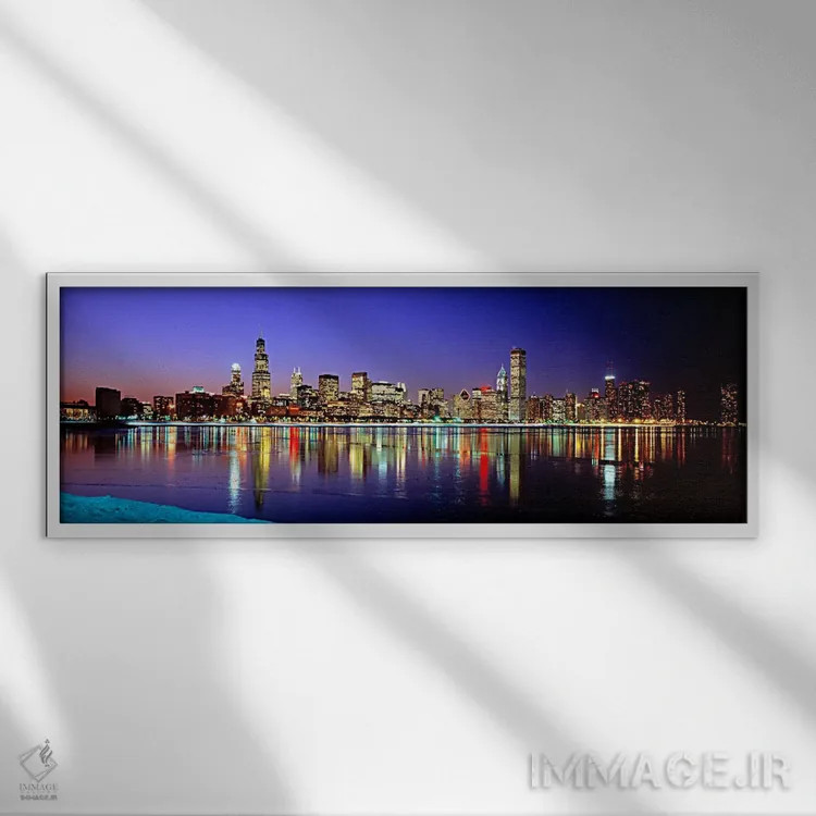 تابلو Chicago, Cook County, Illinois, USA,افق روشنشده و انعکاس آن در دریاچه میشیگان، شیکاگو، شهرستان کوک، ایلینوی، آمریکا اثر پانورامیک ایمجز (استودیو عکاسی عریض) - نمای قابدار سفید