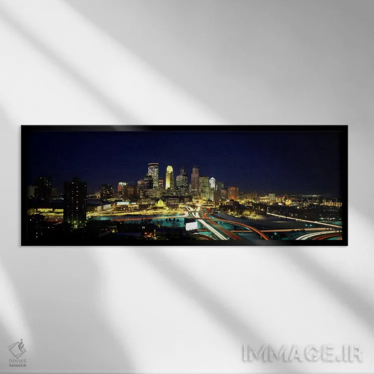 تابلو Hennepin County, Minnesota, USA,ساختمانهای روشن در شب در شهر، مینیاپولیس، شهرستان هنپن، مینهسوتا، آمریکا اثر پانورامیک ایمجز (استودیو عکاسی عریض) - نمای قابدار مشکی