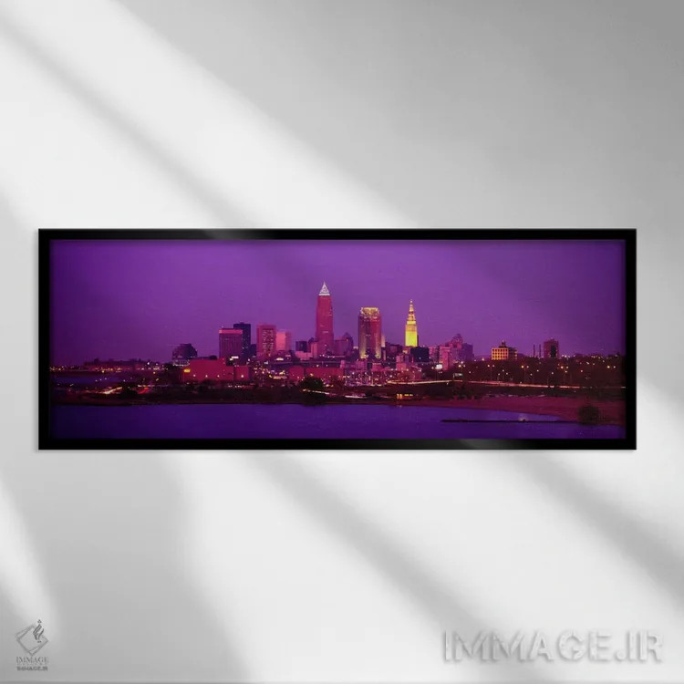 تابلو Ohio, USA,ساختمانهای روشن در شب، کلیولند، اوهایو، آمریکا اثر پانورامیک ایمجز (استودیو عکاسی عریض) - نمای قابدار مشکی