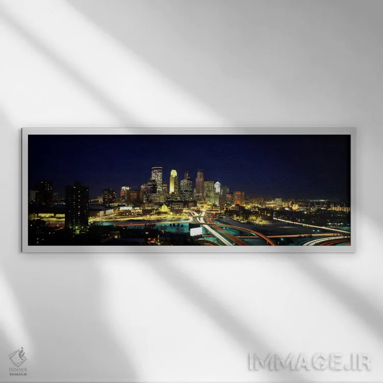 تابلو Hennepin County, Minnesota, USA,ساختمانهای روشن در شب در شهر، مینیاپولیس، شهرستان هنپن، مینهسوتا، آمریکا اثر پانورامیک ایمجز (استودیو عکاسی عریض) - نمای قابدار سفید