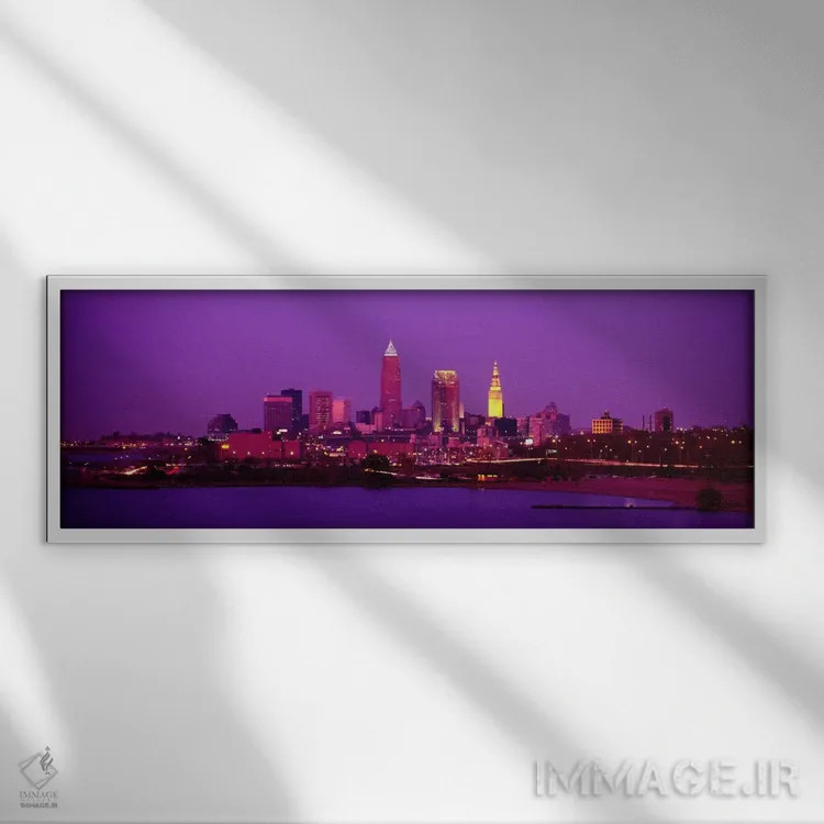 تابلو Ohio, USA,ساختمانهای روشن در شب، کلیولند، اوهایو، آمریکا اثر پانورامیک ایمجز (استودیو عکاسی عریض) - نمای قابدار سفید