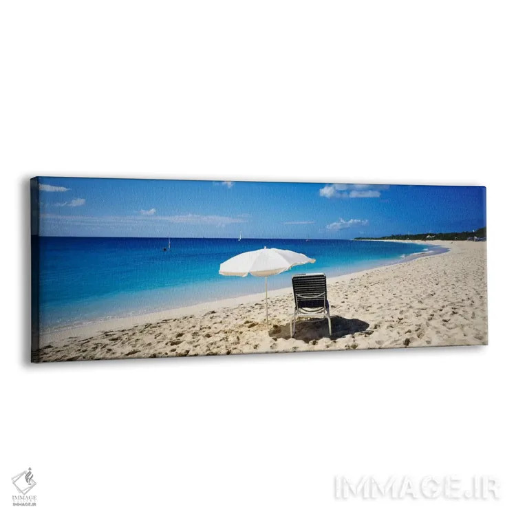 تابلو Saint Martin, French West Indies,یک صندلی ساحلی و چتر تکی روی شن، سنت مارتین، هند غربی فرانسه اثر پانورامیک ایمجز (استودیو عکاسی عریض) - نمای پرسپکتیو محصول