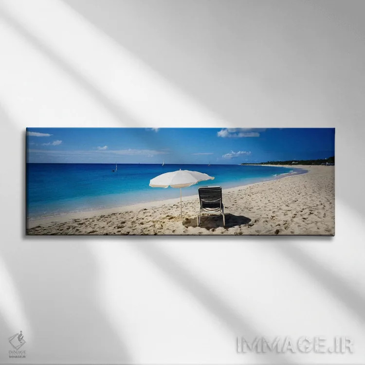 تابلو Saint Martin, French West Indies,یک صندلی ساحلی و چتر تکی روی شن، سنت مارتین، هند غربی فرانسه اثر پانورامیک ایمجز (استودیو عکاسی عریض) - نمای روبهرو روی دیوار