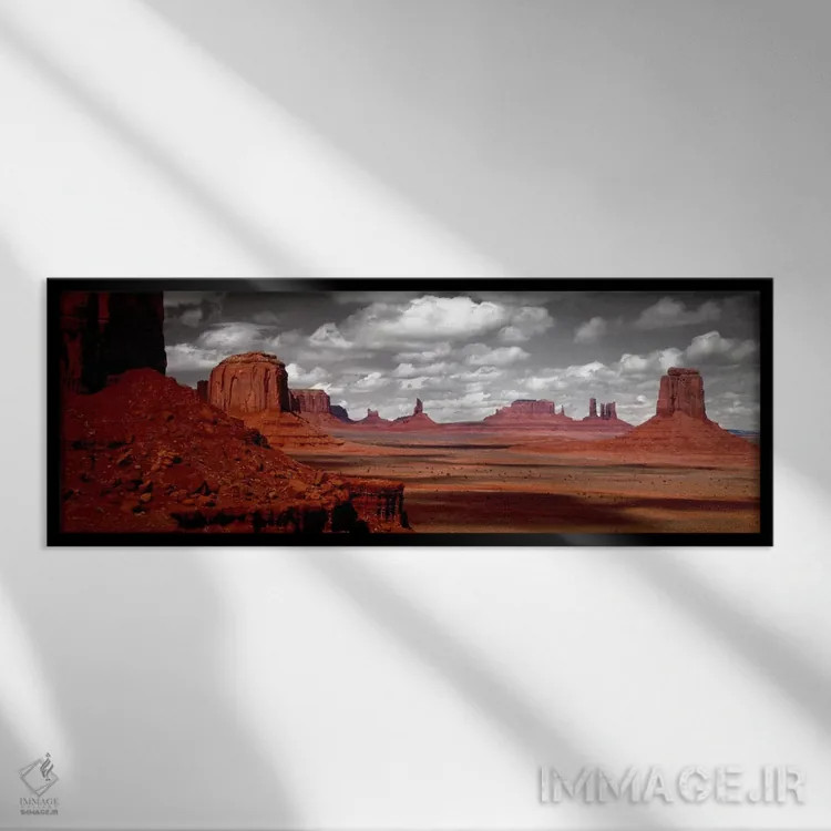 تابلو Monument Valley, Navajo Nation, Arizona, USA,آسمان ابری به صورت سیاه و سفید، درهٔ یادبود، ملت ناواهو، آریزونا، ایالات متحده آمریکا اثر پانورامیک ایمجز (استودیو عکاسی عریض) - نمای قابدار مشکی