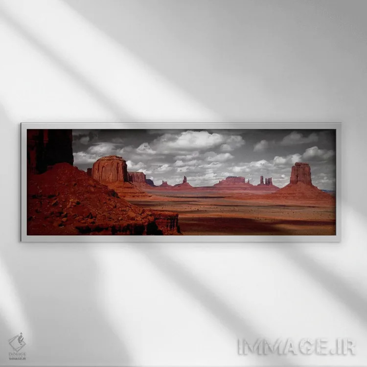 تابلو Monument Valley, Navajo Nation, Arizona, USA,آسمان ابری به صورت سیاه و سفید، درهٔ یادبود، ملت ناواهو، آریزونا، ایالات متحده آمریکا اثر پانورامیک ایمجز (استودیو عکاسی عریض) - نمای قابدار سفید