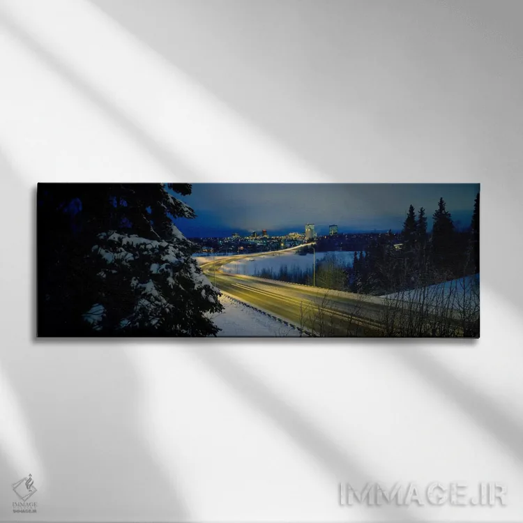 تابلو Anchorage, Alaska, USA,جاده پیچ در پیچ میان مناظر پوشیده از برف، انکوریج، آلاسکا، ایالات متحده آمریکا اثر پانورامیک ایمجز (استودیو عکاسی عریض) - نمای روبهرو روی دیوار