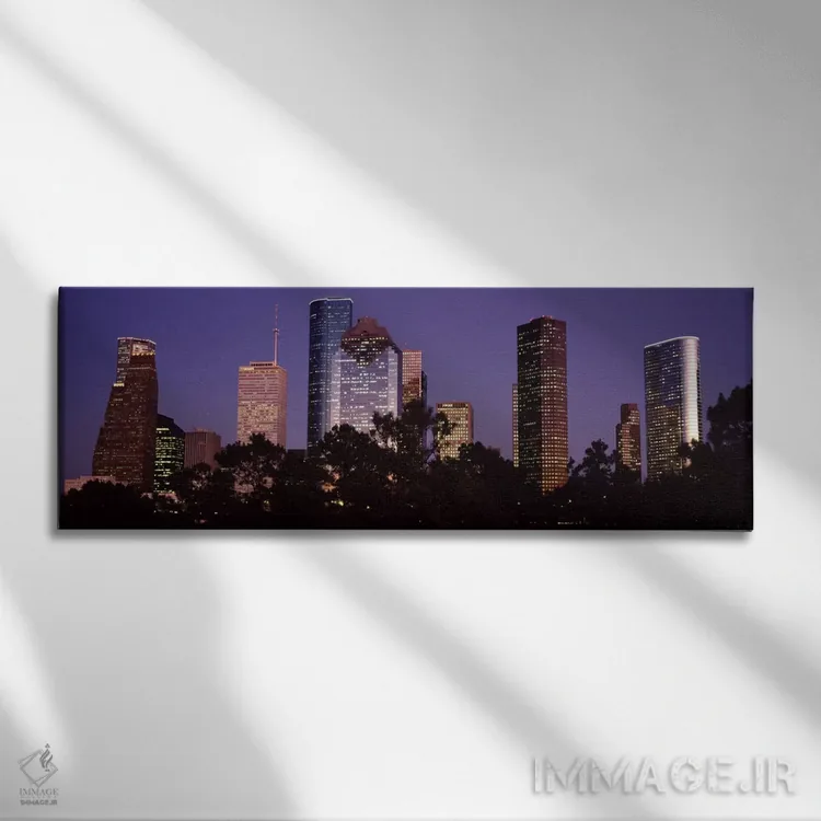 تابلو Harris county, Texas, USA,ساختمانهای روشنشده در شهر هنگام غروب، هیوستون، شهرستان هریس، تگزاس، آمریکا اثر پانورامیک ایمجز (استودیو عکاسی عریض) - نمای روبهرو روی دیوار