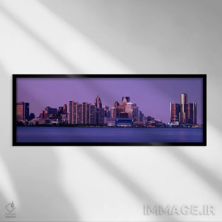 تابلو Michigan, Detroit, twilight,ایالات متحده آمریکا، میشیگان، دیترویت، گرگومیش اثر پانورامیک ایمجز (استودیو عکاسی عریض) - نمای قابدار مشکی