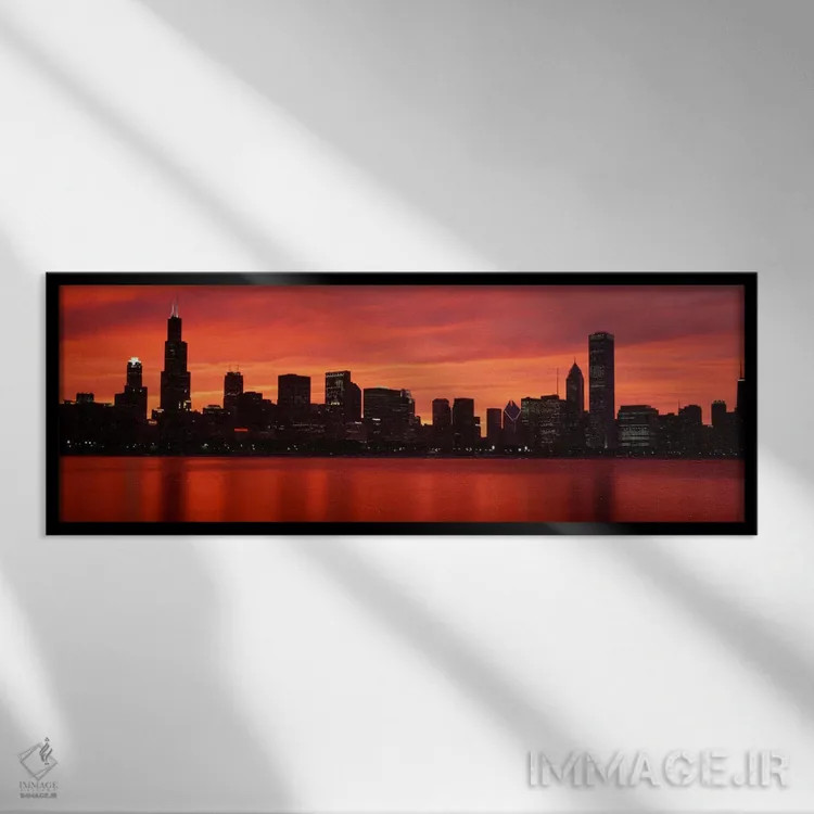 تابلو Chicago, Cook County, Illinois, USA,منظره پهنه افق مرکز شهر در یک عصر باشکوه، شیکاگو، شهرستان کوک، ایلینوی، ایالات متحده آمریکا اثر پانورامیک ایمجز (استودیو عکاسی عریض) - نمای قابدار مشکی