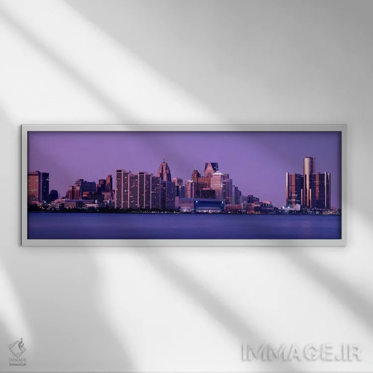 تابلو Michigan, Detroit, twilight,ایالات متحده آمریکا، میشیگان، دیترویت، گرگومیش اثر پانورامیک ایمجز (استودیو عکاسی عریض) - نمای قابدار سفید