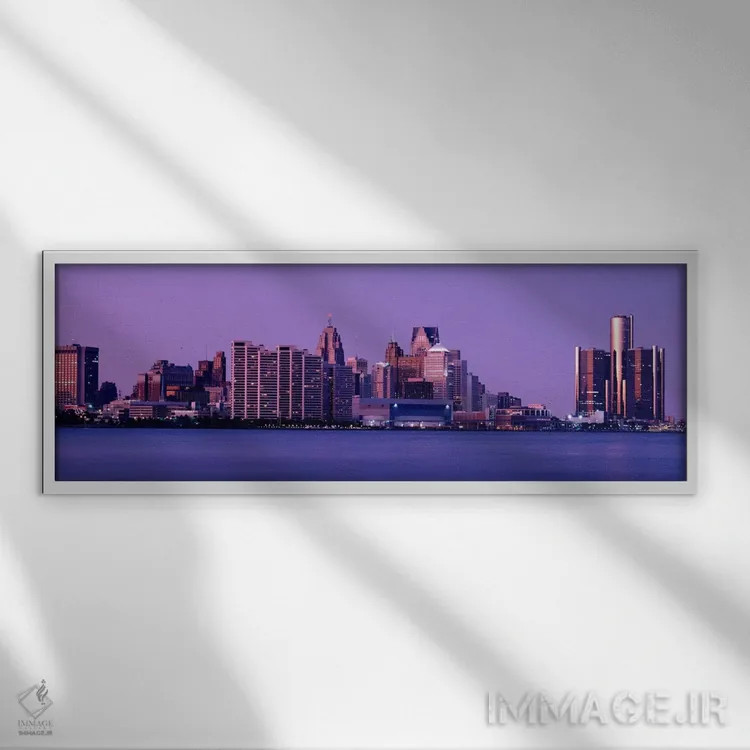تابلو Michigan, Detroit, twilight,ایالات متحده آمریکا، میشیگان، دیترویت، گرگومیش اثر پانورامیک ایمجز (استودیو عکاسی عریض) - نمای قابدار سفید