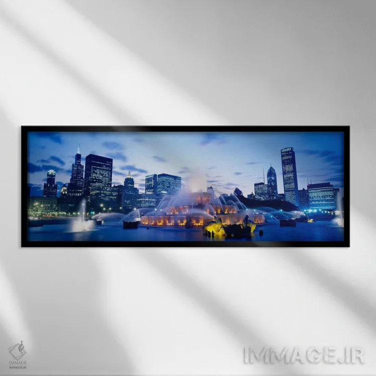 تابلو Grant Park, Chicago, Illinois, USA,فواره باکینگهام هنگام غروب، پارک گرنت، شیکاگو، ایلینوی، ایالات متحده آمریکا اثر پانورامیک ایمجز (استودیو عکاسی عریض) - نمای قابدار مشکی