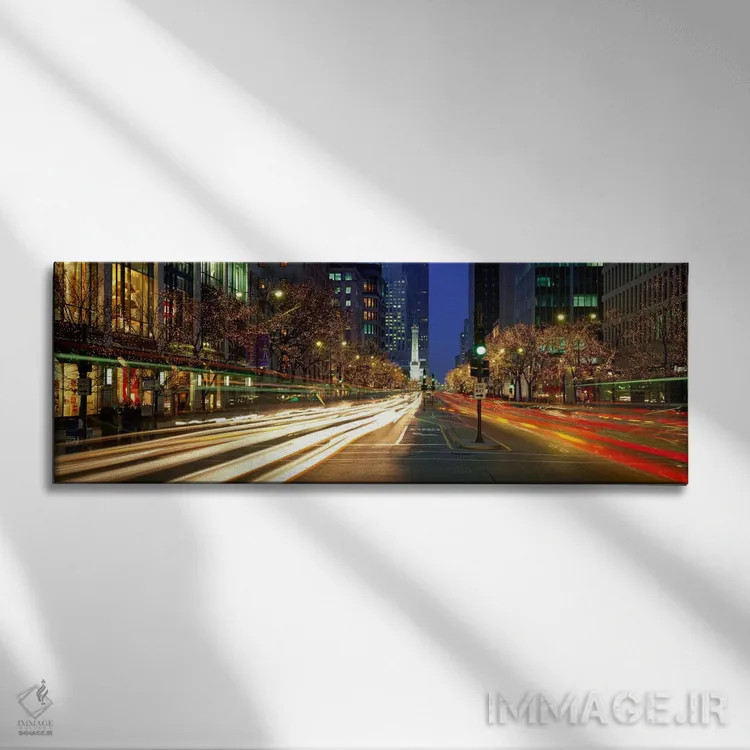 تابلو Cars, Michigan Avenue, Christmas Lights, Chicago, Illinois, USA,حرکت ماتشده خودروها، خیابان میشیگان، چراغهای کریسمس، شیکاگو، ایلینوی، ایالات متحده آمریکا اثر پانورامیک ایمجز (استودیو عکاسی عریض) - نمای روبهرو روی دیوار
