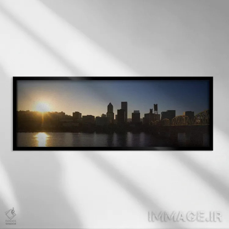 تابلو Willamette River, Portland, Oregon, USA,ساختمانهای کنار آب هنگام غروب، رودخانه ویلامت، پورتلند، اورگان، ایالات متحده آمریکا اثر پانورامیک ایمجز (استودیو عکاسی عریض) - نمای قابدار مشکی