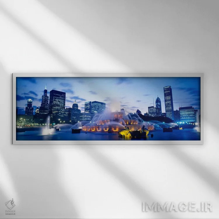تابلو Grant Park, Chicago, Illinois, USA,فواره باکینگهام هنگام غروب، پارک گرنت، شیکاگو، ایلینوی، ایالات متحده آمریکا اثر پانورامیک ایمجز (استودیو عکاسی عریض) - نمای قابدار سفید