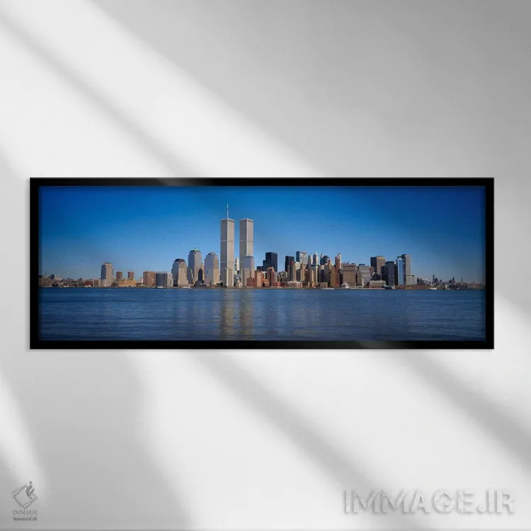 تابلو World Trade Center, Lower Manhattan, Manhattan, New York City, New York State, USA,آسمانخراشها در کنار آب، ساختمان تجارت جهانی، بخش پایین منهتن، نیویورک، ایالات متحده آمریکا اثر پانورامیک ایمجز (استودیو عکاسی عریض) - نمای قابدار مشکی