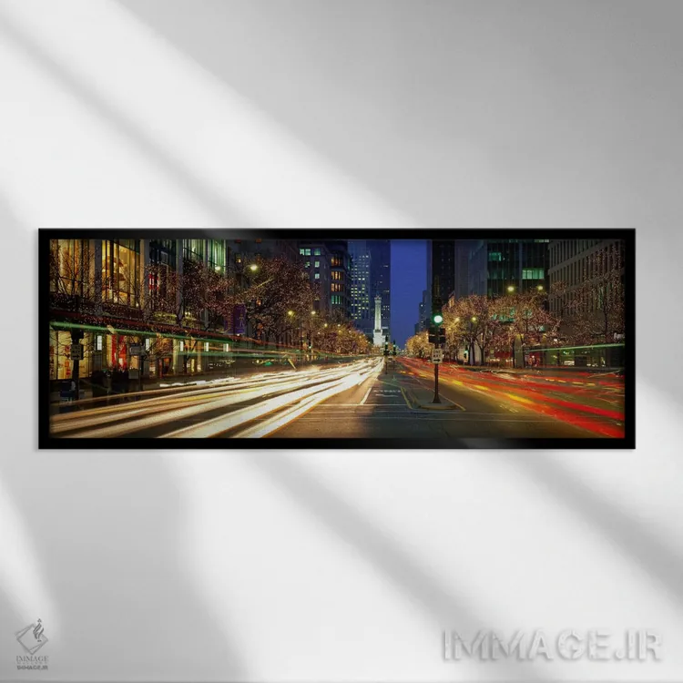 تابلو Cars, Michigan Avenue, Christmas Lights, Chicago, Illinois, USA,حرکت ماتشده خودروها، خیابان میشیگان، چراغهای کریسمس، شیکاگو، ایلینوی، ایالات متحده آمریکا اثر پانورامیک ایمجز (استودیو عکاسی عریض) - نمای قابدار مشکی