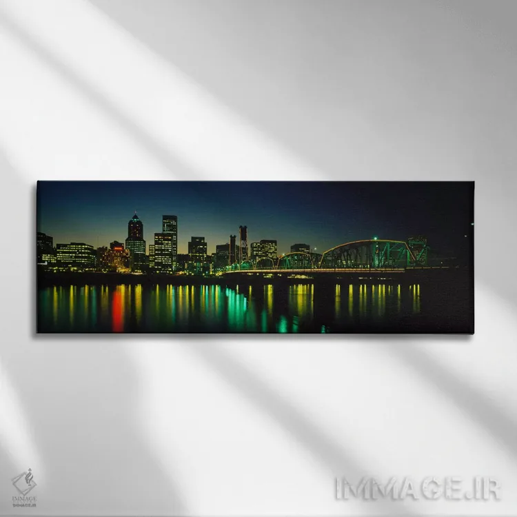 تابلو Portland, Oregon, USA,ساختمانهای روشن در شب، رودخانه ویلامت، پورتلند، اورگان، ایالات متحده آمریکا اثر پانورامیک ایمجز (استودیو عکاسی عریض) - نمای روبهرو روی دیوار
