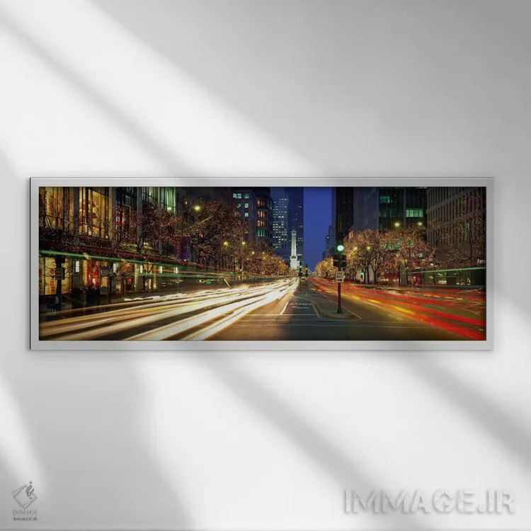تابلو Cars, Michigan Avenue, Christmas Lights, Chicago, Illinois, USA,حرکت ماتشده خودروها، خیابان میشیگان، چراغهای کریسمس، شیکاگو، ایلینوی، ایالات متحده آمریکا اثر پانورامیک ایمجز (استودیو عکاسی عریض) - نمای قابدار سفید