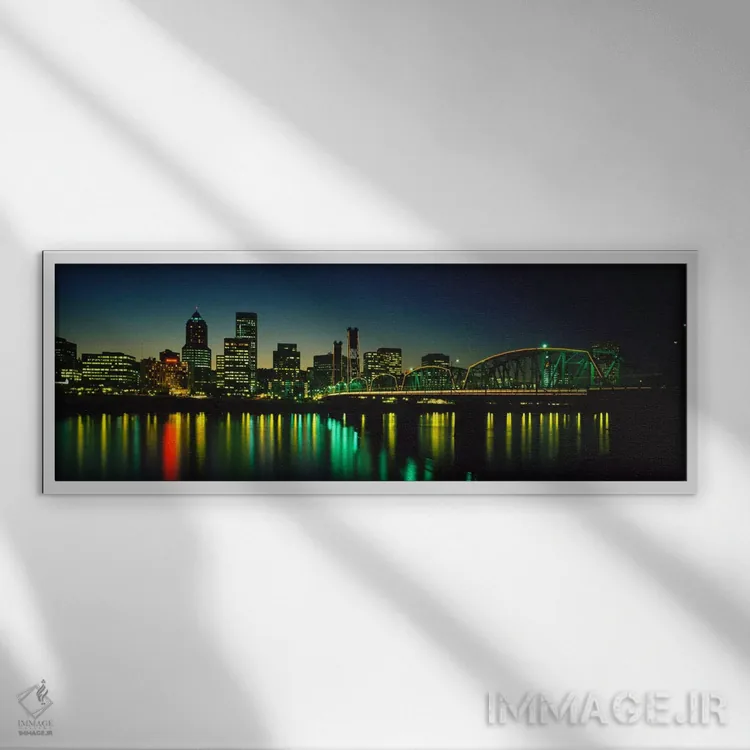 تابلو Portland, Oregon, USA,ساختمانهای روشن در شب، رودخانه ویلامت، پورتلند، اورگان، ایالات متحده آمریکا اثر پانورامیک ایمجز (استودیو عکاسی عریض) - نمای قابدار سفید