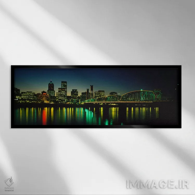 تابلو Portland, Oregon, USA,ساختمانهای روشن در شب، رودخانه ویلامت، پورتلند، اورگان، ایالات متحده آمریکا اثر پانورامیک ایمجز (استودیو عکاسی عریض) - نمای قابدار مشکی