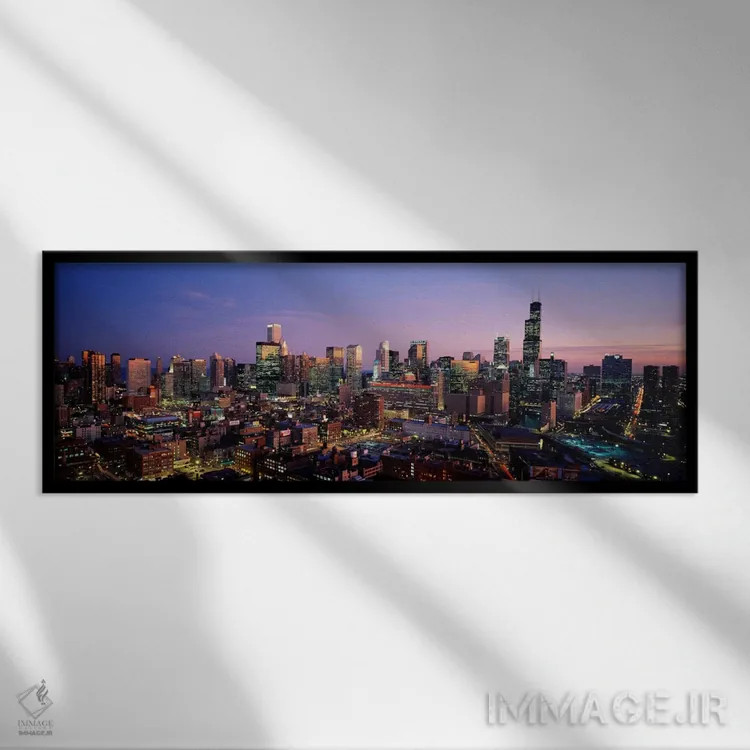 تابلو Chicago, Illinois, USA #2,آسمانخراشهای درخشان در غروب شهر، شیکاگو، ایلینوی، آمریکا (شماره ۲) اثر پانورامیک ایمجز (استودیو عکاسی عریض) - نمای قابدار مشکی