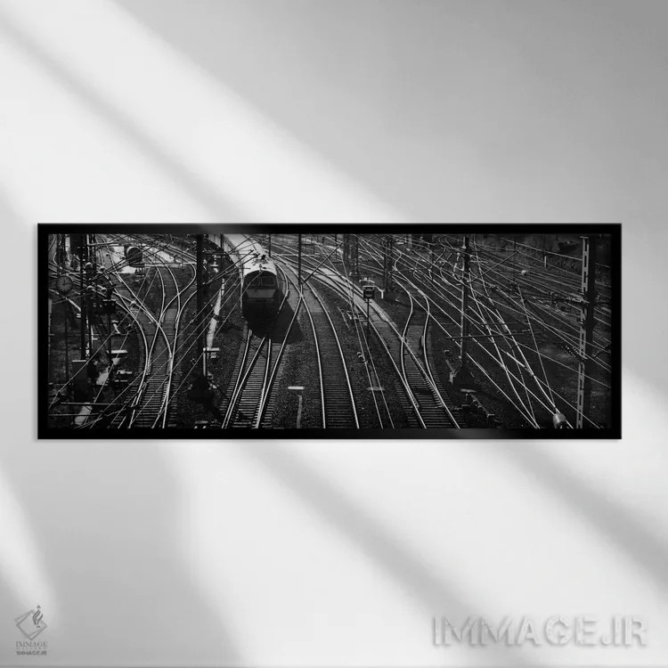 تابلو Germany,نمای بالا از قطار روی ریل در محوطه مانور، آلمان اثر پانورامیک ایمجز (استودیو عکاسی عریض) - نمای قابدار مشکی
