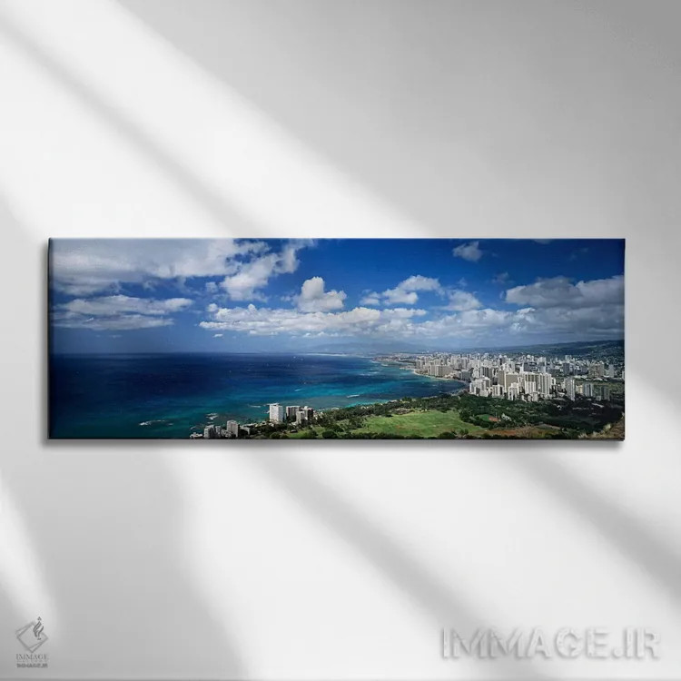 تابلو Honolulu, Oahu, Hawaii Islands, USA,نمای بالا از آسمانخراشهای کنار آب، هونولولو، اوآهو، جزایر هاوایی، آمریکا اثر پانورامیک ایمجز (استودیو عکاسی عریض) - نمای روبهرو روی دیوار