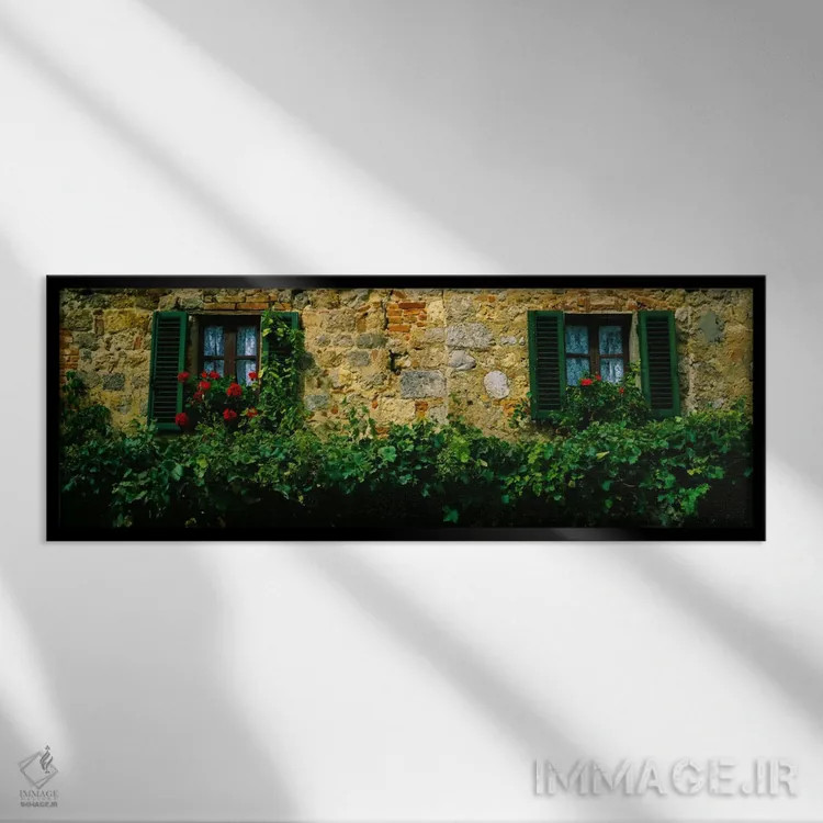 تابلو Monteriggioni, Siena, Tuscany, Italy,گلها و تاکها در امتداد دیوار ساختمانی، مونتریجیونی، سیهنا، توسکانی، ایتالیا اثر پانورامیک ایمجز (استودیو عکاسی عریض) - نمای قابدار مشکی