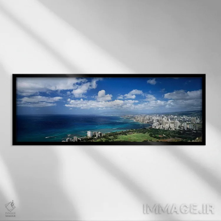 تابلو Honolulu, Oahu, Hawaii Islands, USA,نمای بالا از آسمانخراشهای کنار آب، هونولولو، اوآهو، جزایر هاوایی، آمریکا اثر پانورامیک ایمجز (استودیو عکاسی عریض) - نمای قابدار مشکی
