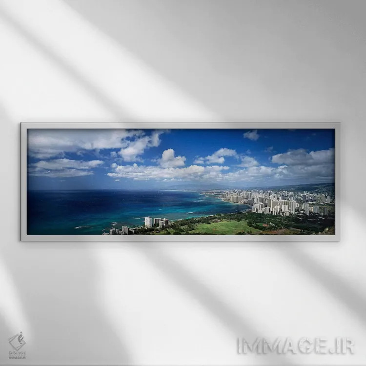 تابلو Honolulu, Oahu, Hawaii Islands, USA,نمای بالا از آسمانخراشهای کنار آب، هونولولو، اوآهو، جزایر هاوایی، آمریکا اثر پانورامیک ایمجز (استودیو عکاسی عریض) - نمای قابدار سفید