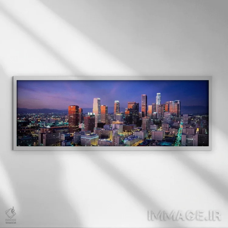 تابلو Cityscape, Los Angeles, California, USA,خط افق شب و سیمای شهر، لسآنجلس، کالیفرنیا، ایالات متحده آمریکا اثر پانورامیک ایمجز (استودیو عکاسی عریض) - نمای قابدار سفید