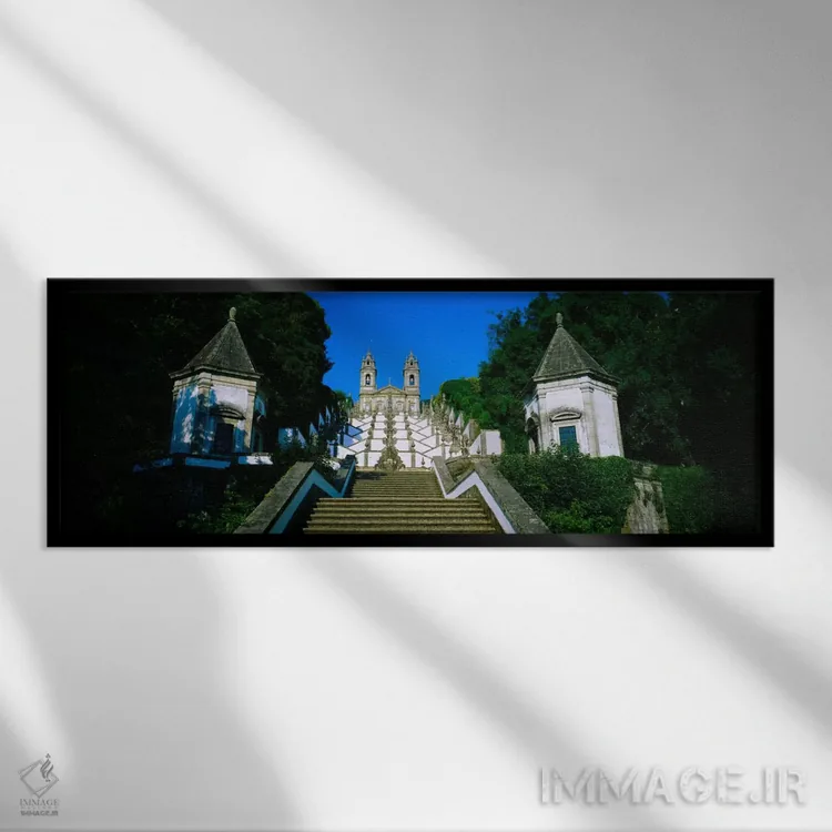 تابلو Bom Jesus Do Monte, Braga, Portugal,نمای پایین از کلیسا، پلههای پنج حس، بوم ژیزوس دو مونته، براگا، پرتغال اثر پانورامیک ایمجز (استودیو عکاسی عریض) - نمای قابدار مشکی