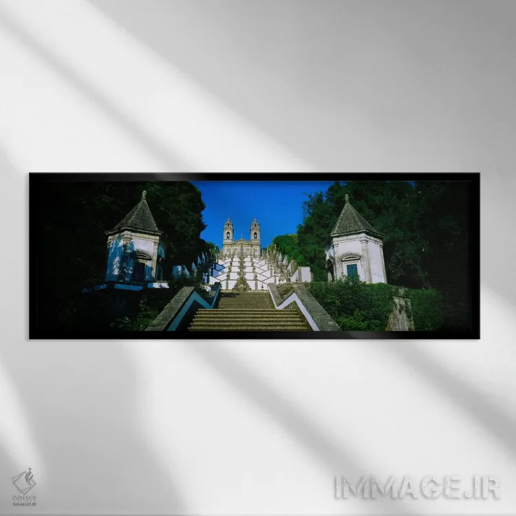 تابلو Bom Jesus Do Monte, Braga, Portugal,نمای پایین از کلیسا، پلههای پنج حس، بوم ژیزوس دو مونته، براگا، پرتغال اثر پانورامیک ایمجز (استودیو عکاسی عریض) - نمای قابدار مشکی