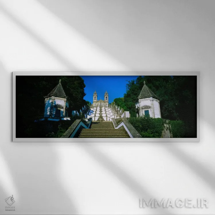 تابلو Bom Jesus Do Monte, Braga, Portugal,نمای پایین از کلیسا، پلههای پنج حس، بوم ژیزوس دو مونته، براگا، پرتغال اثر پانورامیک ایمجز (استودیو عکاسی عریض) - نمای قابدار سفید