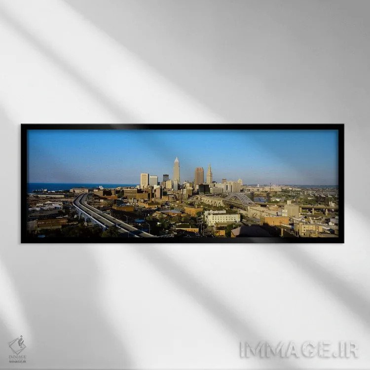 تابلو Ohio, Cleveland, aerial,پیمایش هوایی از کلیولند، اوهایو، ایالات متحده آمریکا اثر پانورامیک ایمجز (استودیو عکاسی عریض) - نمای قابدار مشکی