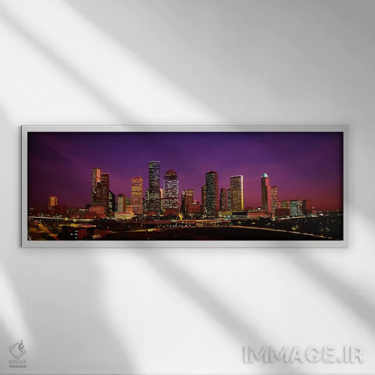 تابلو Houston, Texas, USA,ساختمانهای روشن در شب، هیوستون، تگزاس، ایالات متحده آمریکا اثر پانورامیک ایمجز (استودیو عکاسی عریض) - نمای قابدار سفید