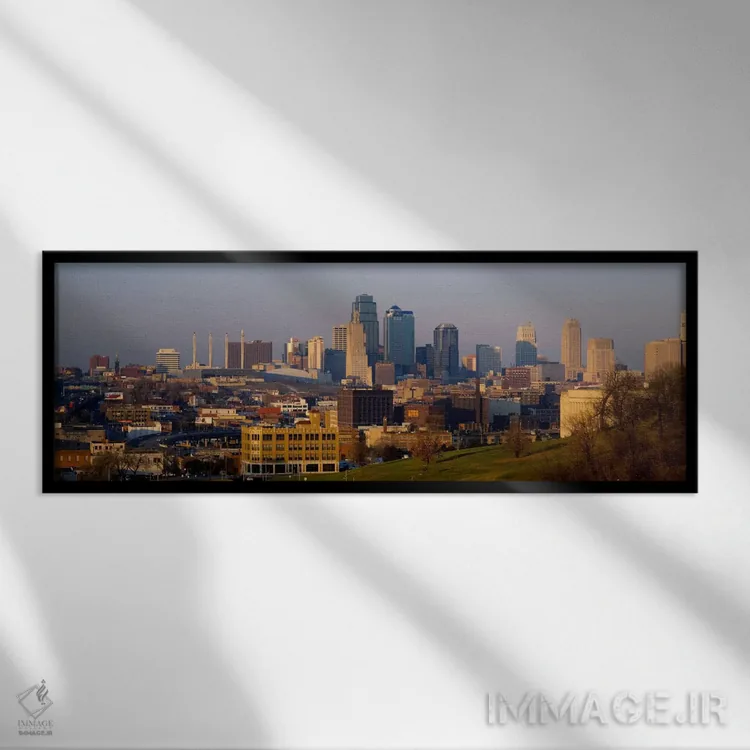 تابلو Kansas City, Missouri, USA,نمای زاویه بالا از نمای شهری، کانزاس سیتی، میسوری، ایالات متحده آمریکا اثر پانورامیک ایمجز (استودیو عکاسی عریض) - نمای قابدار مشکی