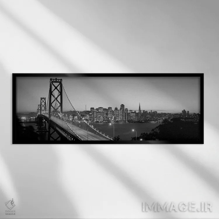تابلو San Francisco, California, USA (black & white),پل بی در شب، سانفرانسیسکو، کالیفرنیا، آمریکا (سیاه و سفید) اثر پانورامیک ایمجز (استودیو عکاسی عریض) - نمای قابدار مشکی